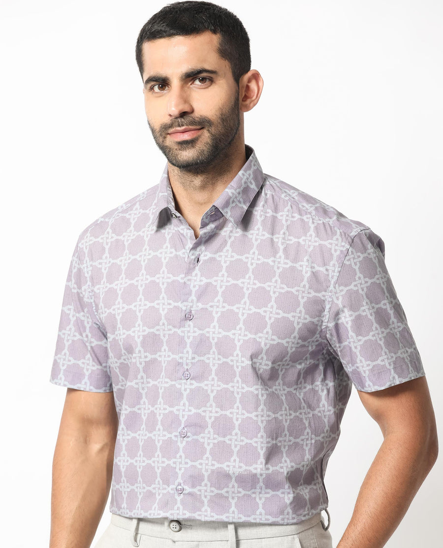 Rare Rabbit Men's Barret Pastel Purple Viscose Geometric Print Regular Fit Half Sleeve Collared Shirt