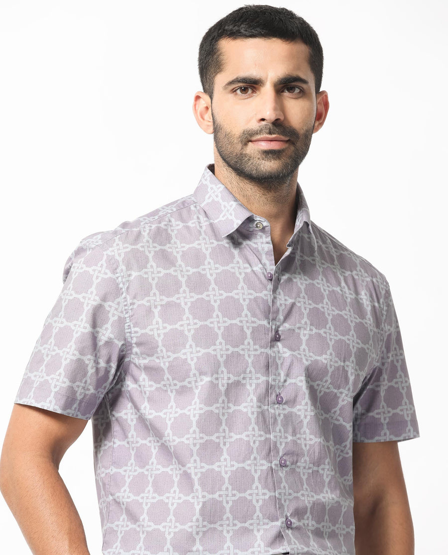 Rare Rabbit Men's Barret Pastel Purple Viscose Geometric Print Regular Fit Half Sleeve Collared Shirt