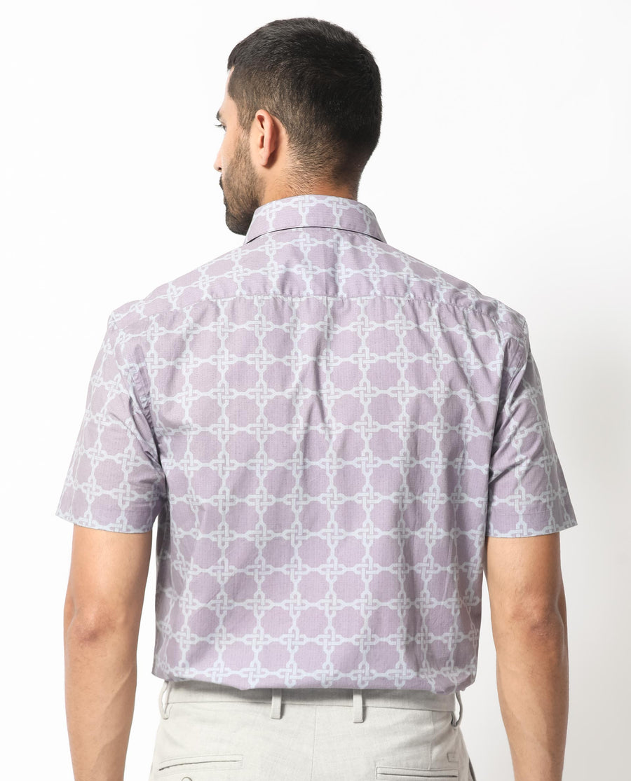 Rare Rabbit Men's Barret Pastel Purple Viscose Geometric Print Regular Fit Half Sleeve Collared Shirt