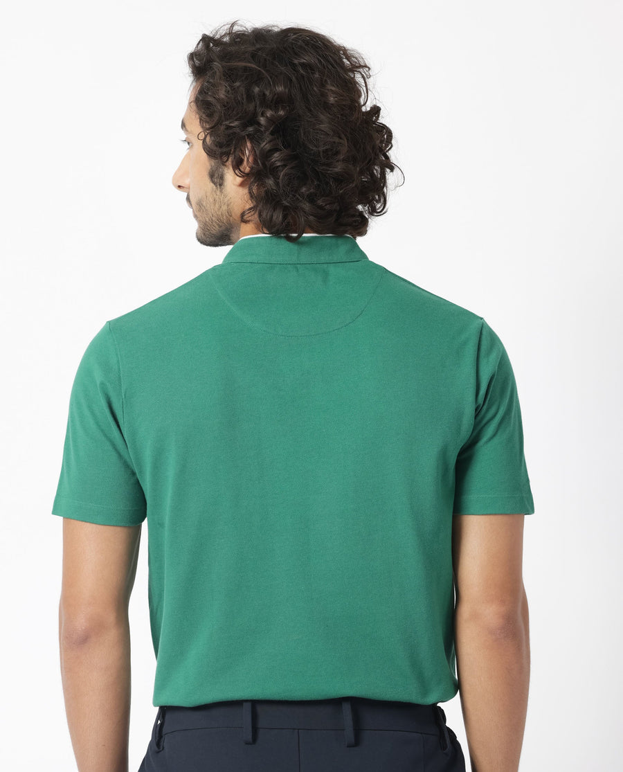 Rare Rabbit Men's Barrie Dark Green Cotton Plain Slim Fit Half Sleeve Polo