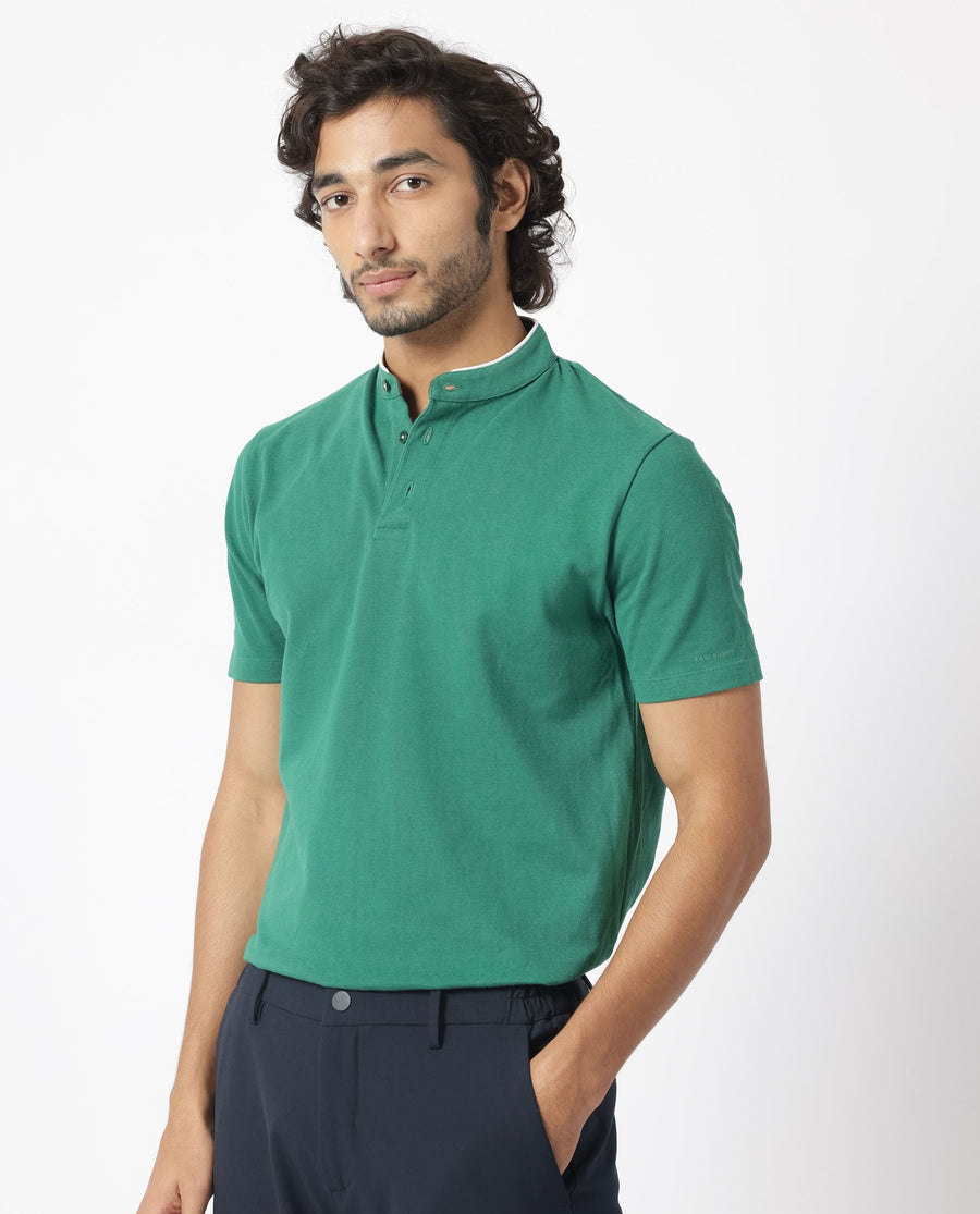 Rare Rabbit Men's Barrie Dark Green Cotton Plain Slim Fit Half Sleeve Polo