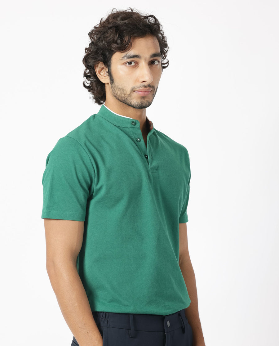 Rare Rabbit Men's Barrie Dark Green Cotton Plain Slim Fit Half Sleeve Polo