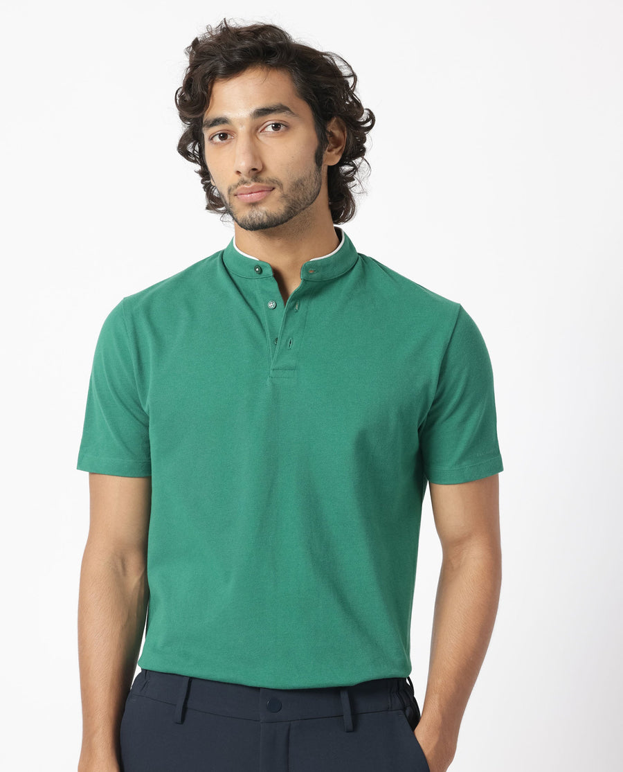 Rare Rabbit Men's Barrie Dark Green Cotton Plain Slim Fit Half Sleeve Polo
