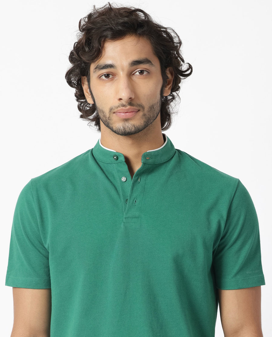 Rare Rabbit Men's Barrie Dark Green Cotton Plain Slim Fit Half Sleeve Polo