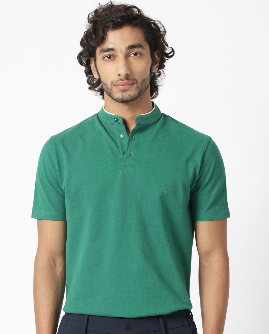 Rare Rabbit Men's Barrie Dark Green Cotton Plain Slim Fit Half Sleeve Polo
