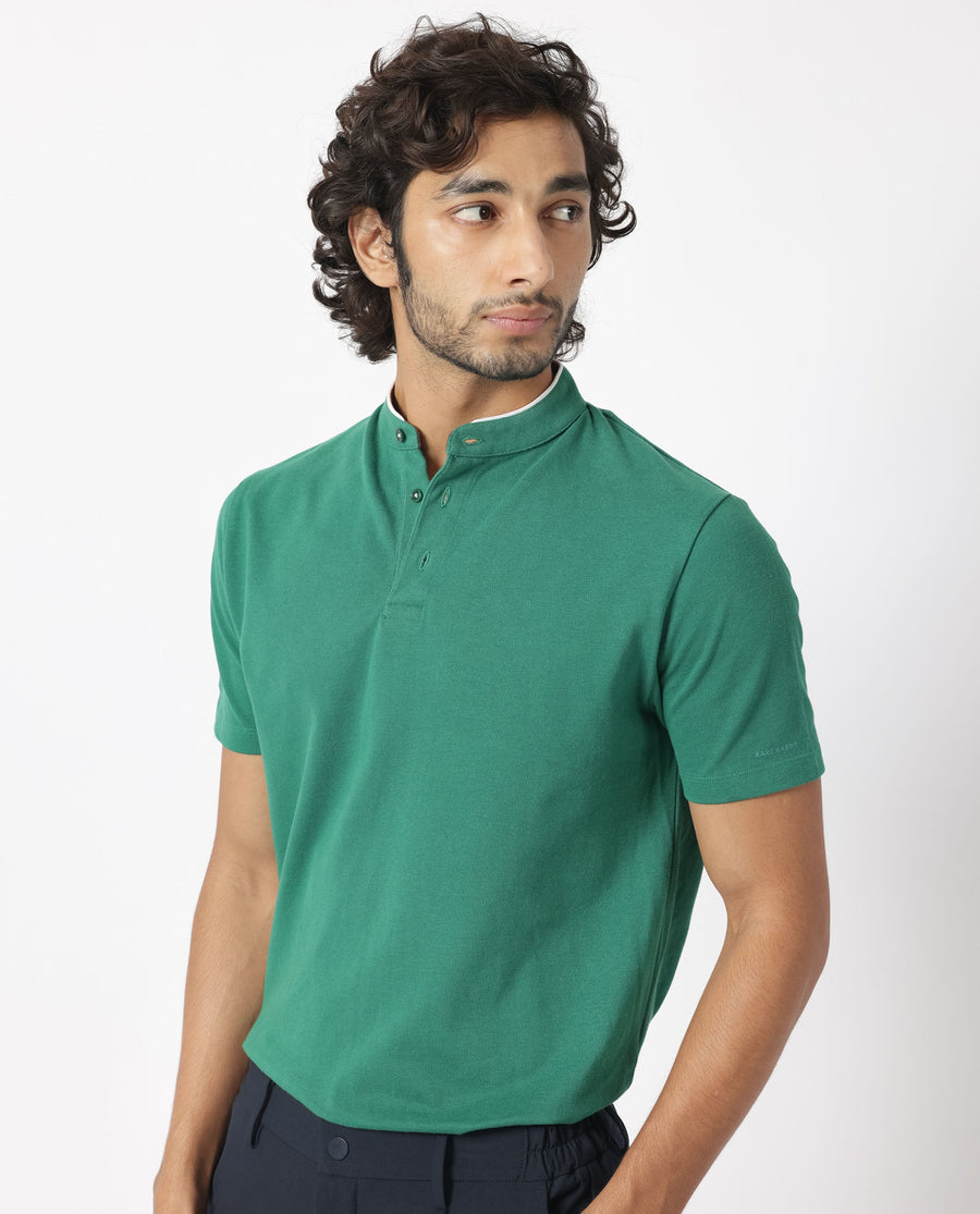 Rare Rabbit Men's Barrie Dark Green Cotton Plain Slim Fit Half Sleeve Polo