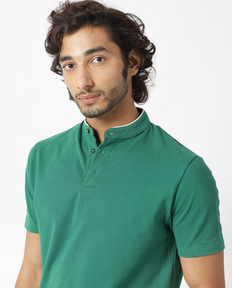 Rare Rabbit Men's Barrie Dark Green Cotton Plain Slim Fit Half Sleeve Polo