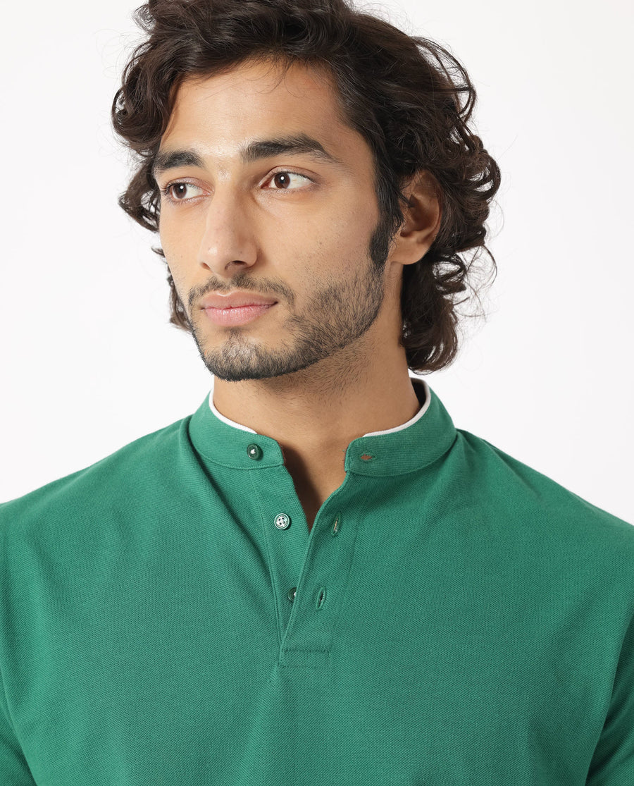 Rare Rabbit Men's Barrie Dark Green Cotton Plain Slim Fit Half Sleeve Polo