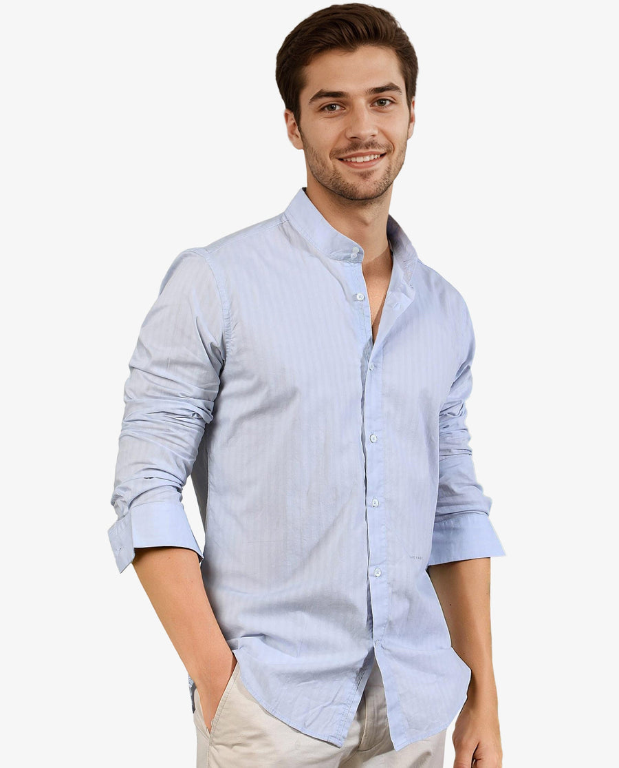 Rare Rabbit Men's Bars Blue Cotton Striped Print Regular Fit Full Sleeve Mandarin Collar Shirt