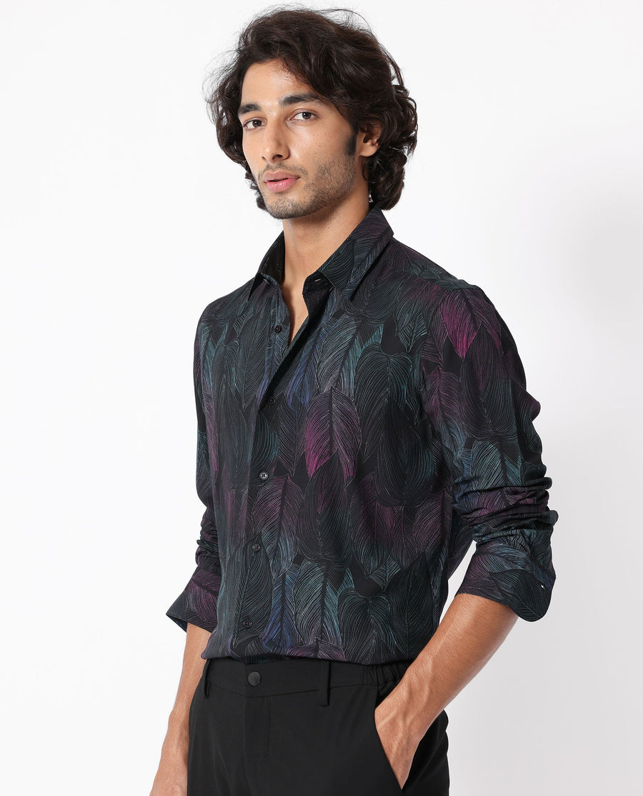 Rare Rabbit Men's Bartlet Black Viscose Floral Print Tailored Fit Full Sleeve Collared Shirt