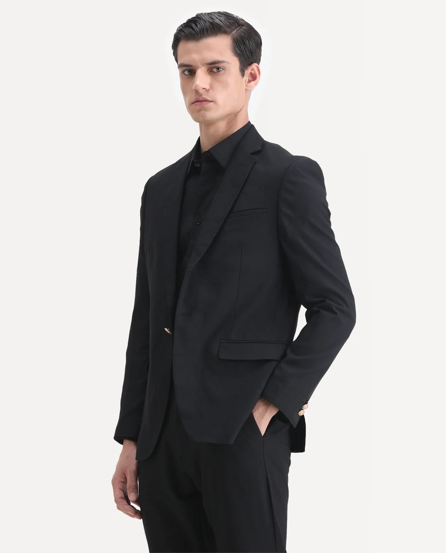 Rare Rabbit Men's Barton Black Polyester Plain Tailored Fit Full Sleeve Lapel Neck Blazer