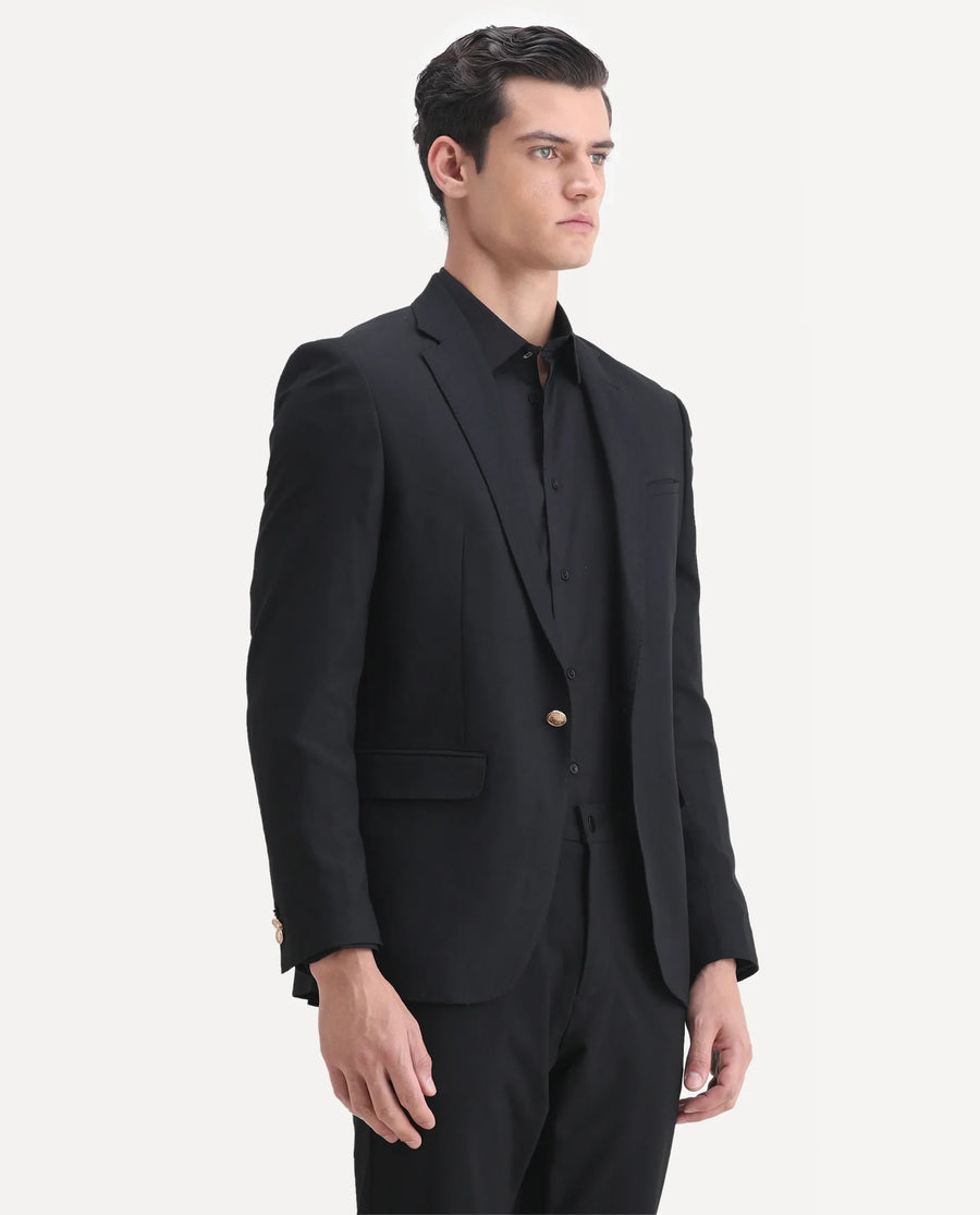 Rare Rabbit Men's Barton Black Polyester Plain Tailored Fit Full Sleeve Lapel Neck Blazer