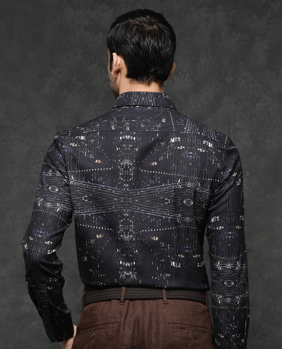 Rare Rabbit Men's Basco Black Viscose Abstract Print Regular Fit Full Sleeve Collared Shirt