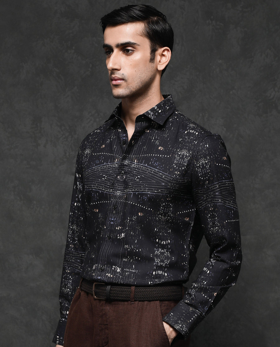 Rare Rabbit Men's Basco Black Viscose Abstract Print Regular Fit Full Sleeve Collared Shirt