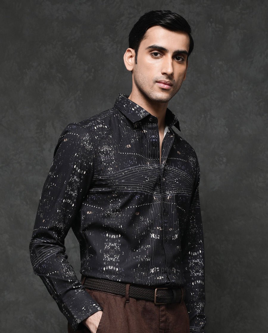 Rare Rabbit Men's Basco Black Viscose Abstract Print Regular Fit Full Sleeve Collared Shirt
