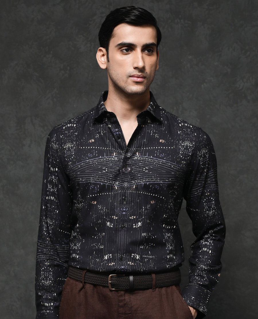 Rare Rabbit Men's Basco Black Viscose Abstract Print Regular Fit Full Sleeve Collared Shirt