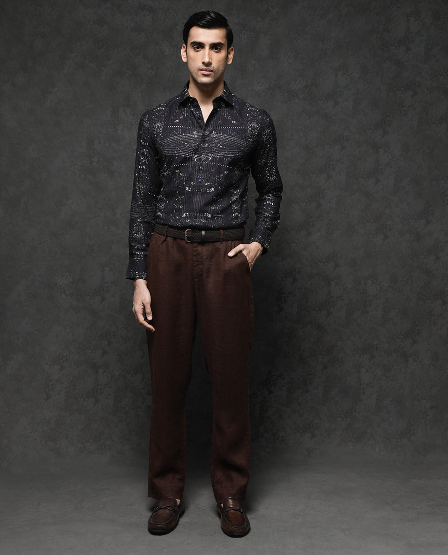 Rare Rabbit Men's Basco Black Viscose Abstract Print Regular Fit Full Sleeve Collared Shirt