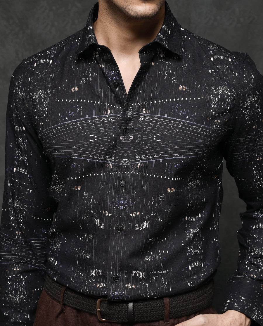 Rare Rabbit Men's Basco Black Viscose Abstract Print Regular Fit Full Sleeve Collared Shirt