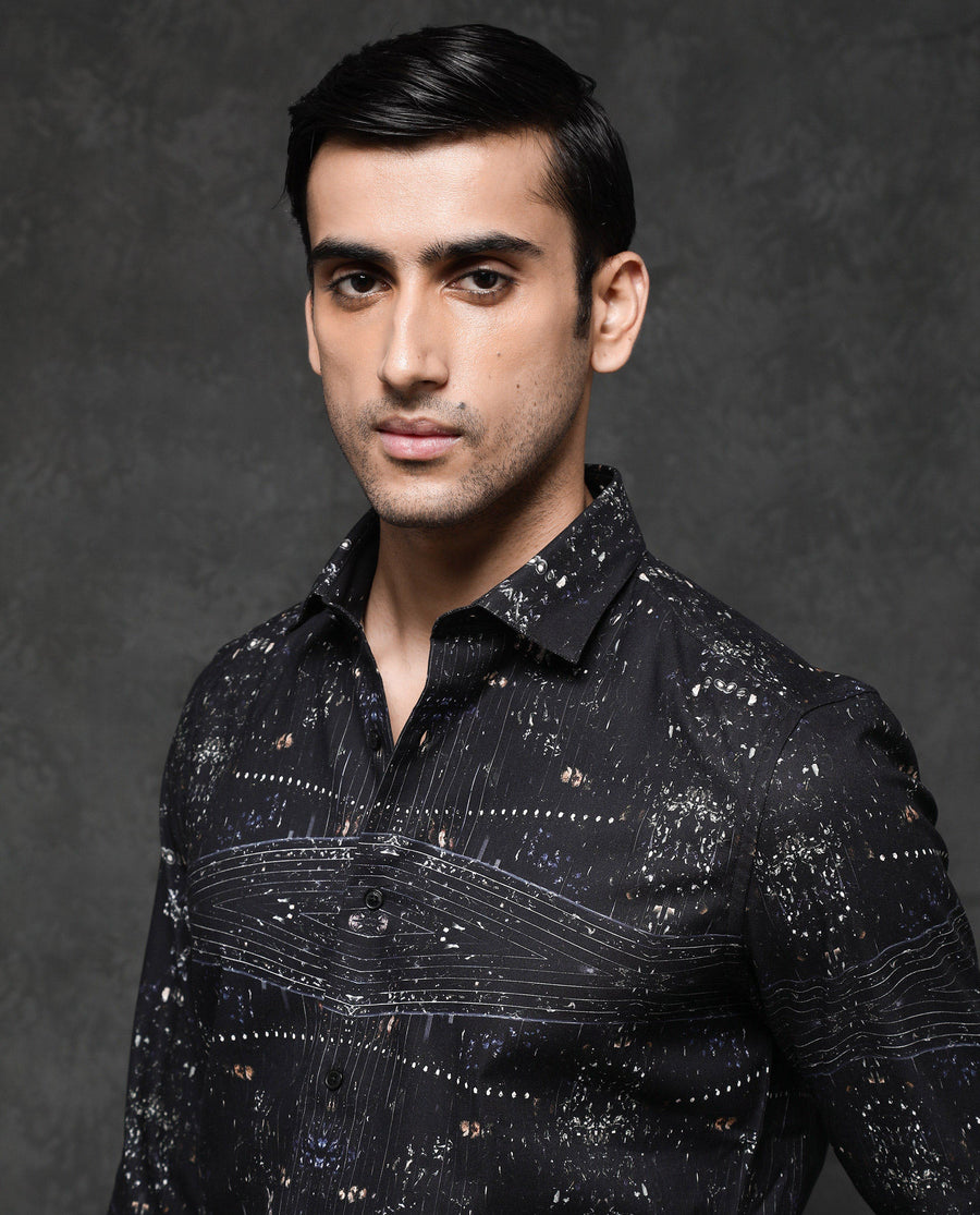 Rare Rabbit Men's Basco Black Viscose Abstract Print Regular Fit Full Sleeve Collared Shirt