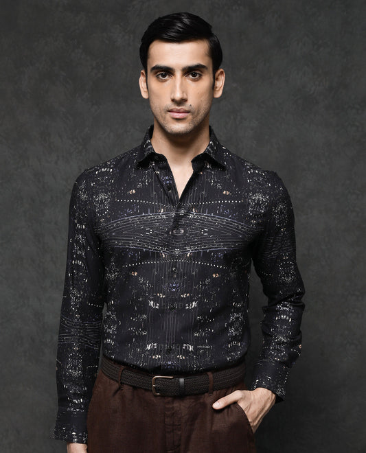 Rare Rabbit Men's Basco Black Viscose Abstract Print Regular Fit Full Sleeve Collared Shirt