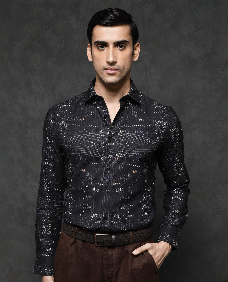 Rare Rabbit Men's Basco Black Viscose Abstract Print Regular Fit Full Sleeve Collared Shirt