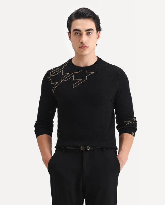 Rare Rabbit Men's Baset Black Polyester Jacquard Regular Fit Full Sleeve Crew Neck Sweater