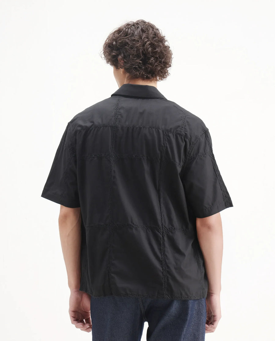Rare Rabbit Men's Basko Black Cotton Embroidered Regular Fit Half Sleeve Collared Shirt