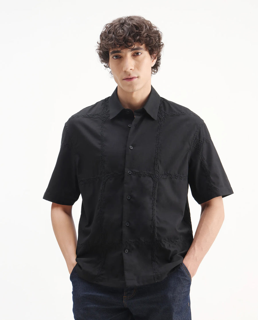 Rare Rabbit Men's Basko Black Cotton Embroidered Regular Fit Half Sleeve Collared Shirt