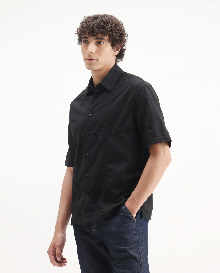 Rare Rabbit Men's Basko Black Cotton Embroidered Regular Fit Half Sleeve Collared Shirt