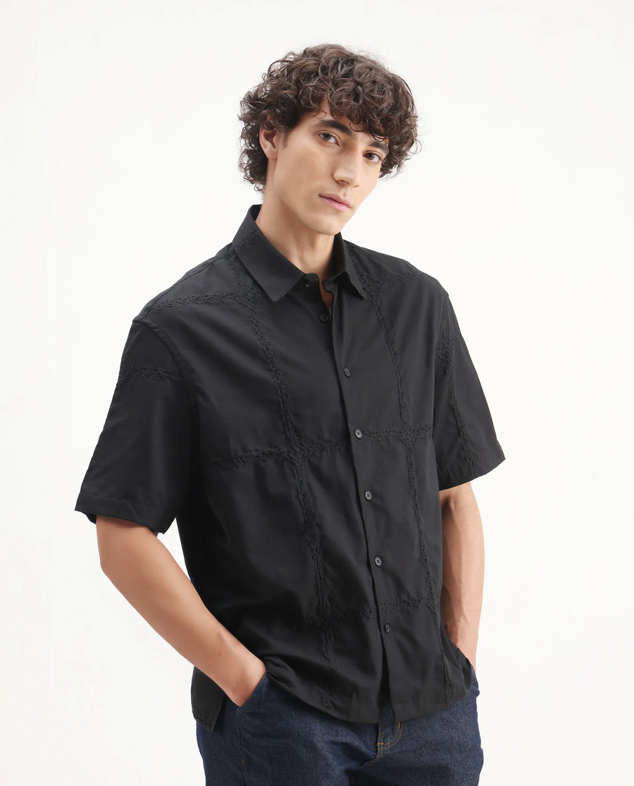 Rare Rabbit Men's Basko Black Cotton Embroidered Regular Fit Half Sleeve Collared Shirt