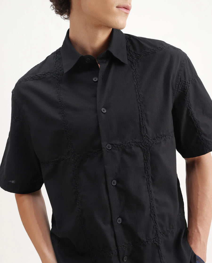 Rare Rabbit Men's Basko Black Cotton Embroidered Regular Fit Half Sleeve Collared Shirt