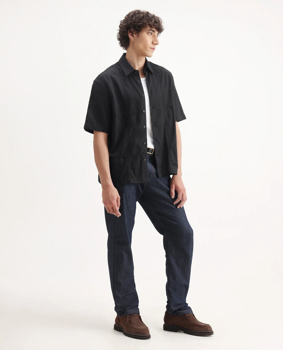 Rare Rabbit Men's Basko Black Cotton Embroidered Regular Fit Half Sleeve Collared Shirt