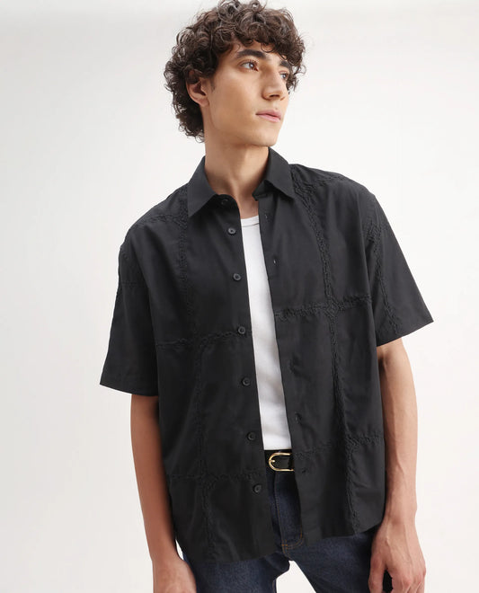 Rare Rabbit Men's Basko Black Cotton Embroidered Regular Fit Half Sleeve Collared Shirt