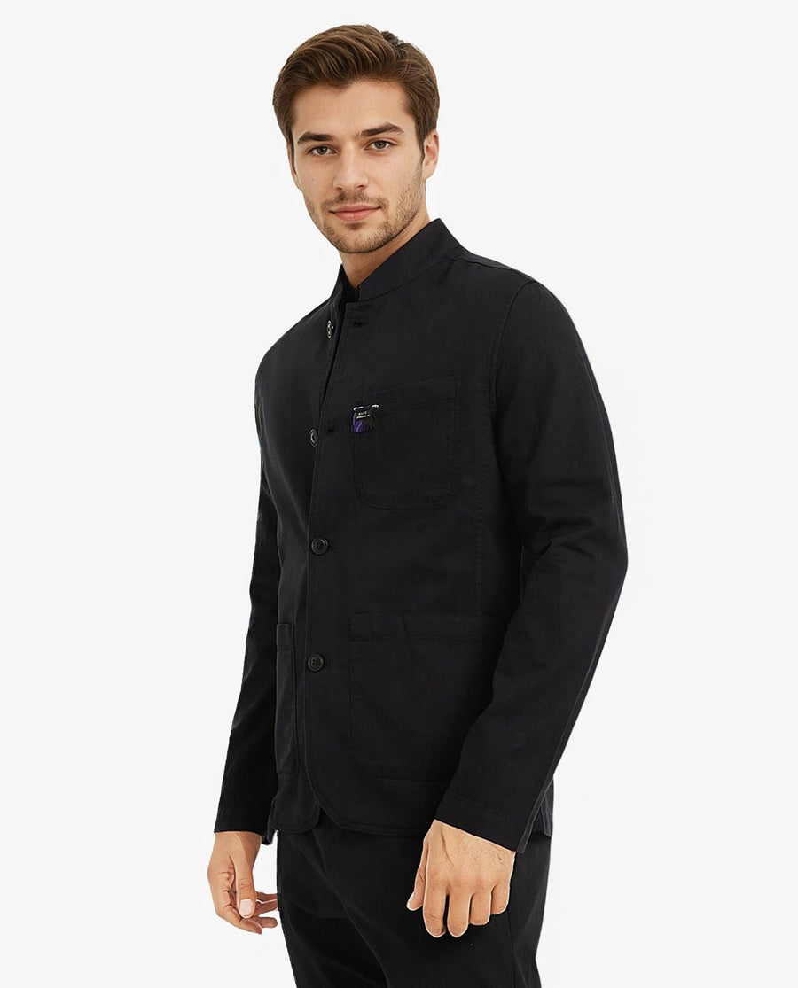 Rare Rabbit Men's Bastein Navy Cotton Plain Relaxed Fit Full Sleeve Mandarin Collar Jacket