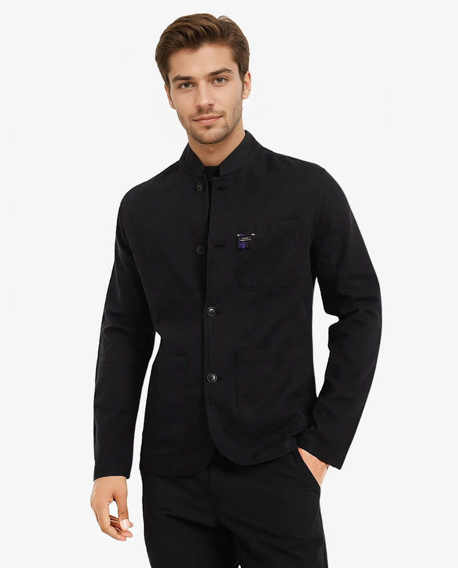 Rare Rabbit Men's Bastein Navy Cotton Plain Relaxed Fit Full Sleeve Mandarin Collar Jacket