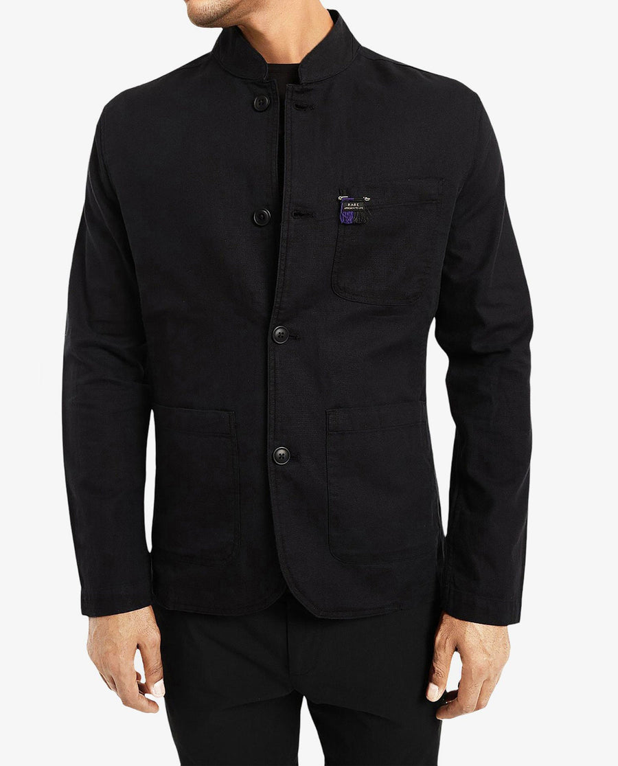 Rare Rabbit Men's Bastein Navy Cotton Plain Relaxed Fit Full Sleeve Mandarin Collar Jacket