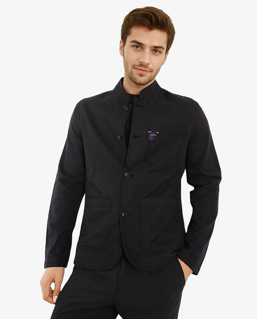 Rare Rabbit Men's Bastein Navy Cotton Plain Relaxed Fit Full Sleeve Mandarin Collar Jacket
