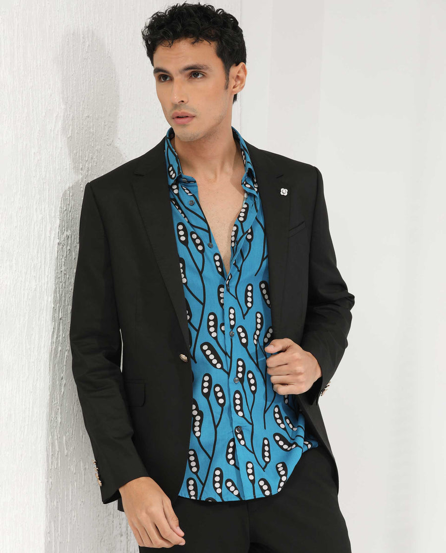 Rare Rabbit Men's Baton Blue Viscose Tropical Print Regular Fit Half Sleeve Collared Shirt