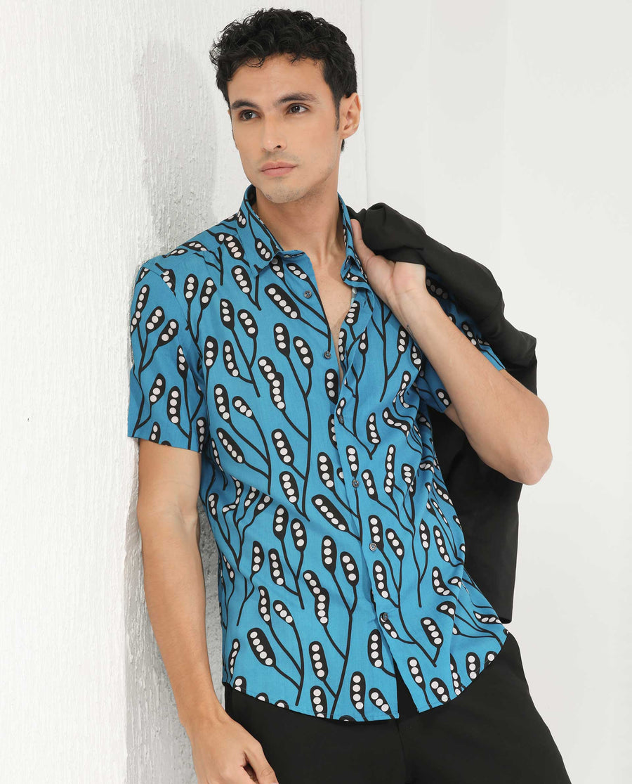 Rare Rabbit Men's Baton Blue Viscose Tropical Print Regular Fit Half Sleeve Collared Shirt