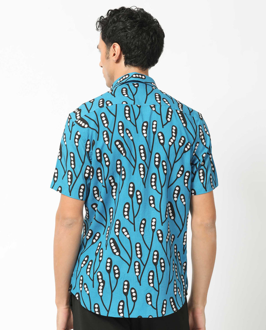 Rare Rabbit Men's Baton Blue Viscose Tropical Print Regular Fit Half Sleeve Collared Shirt