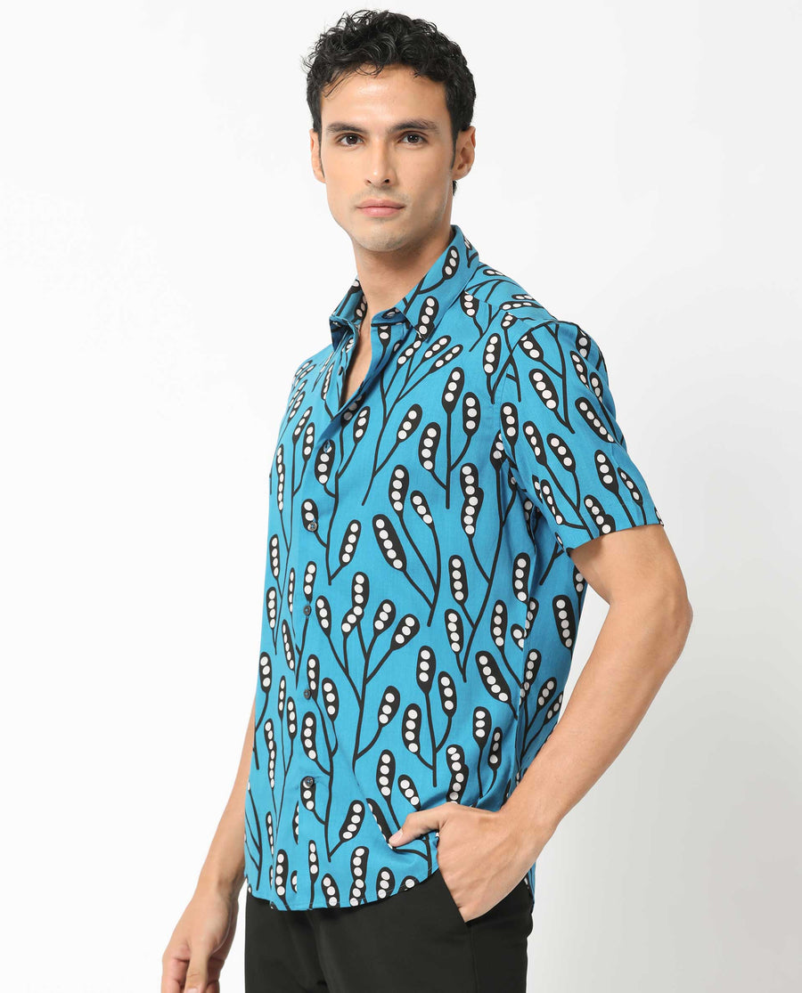 Rare Rabbit Men's Baton Blue Viscose Tropical Print Regular Fit Half Sleeve Collared Shirt