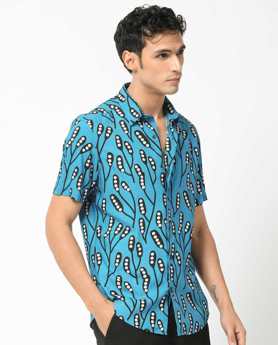 Rare Rabbit Men's Baton Blue Viscose Tropical Print Regular Fit Half Sleeve Collared Shirt