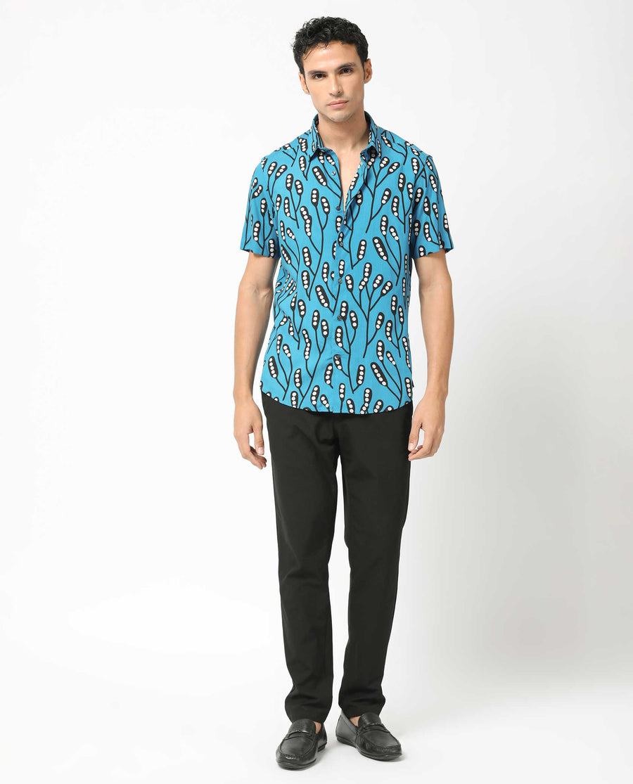 Rare Rabbit Men's Baton Blue Viscose Tropical Print Regular Fit Half Sleeve Collared Shirt
