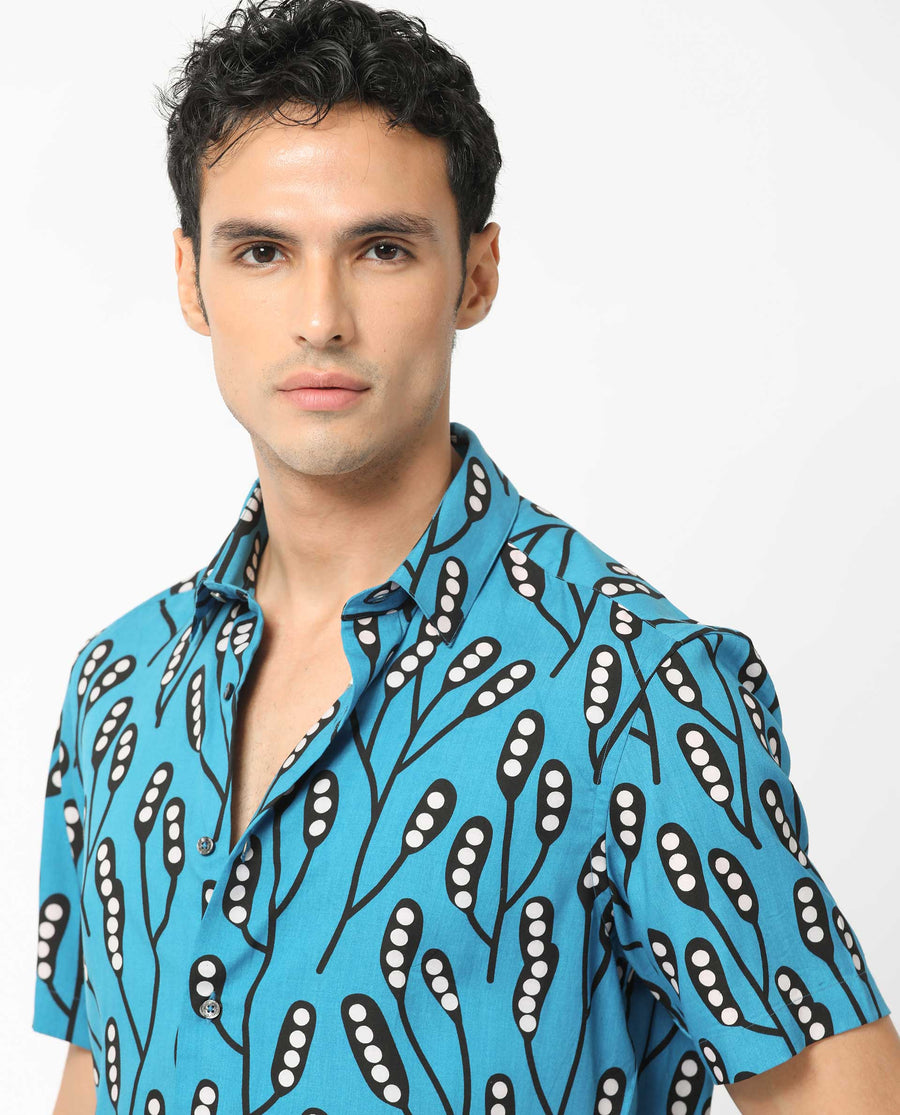 Rare Rabbit Men's Baton Blue Viscose Tropical Print Regular Fit Half Sleeve Collared Shirt