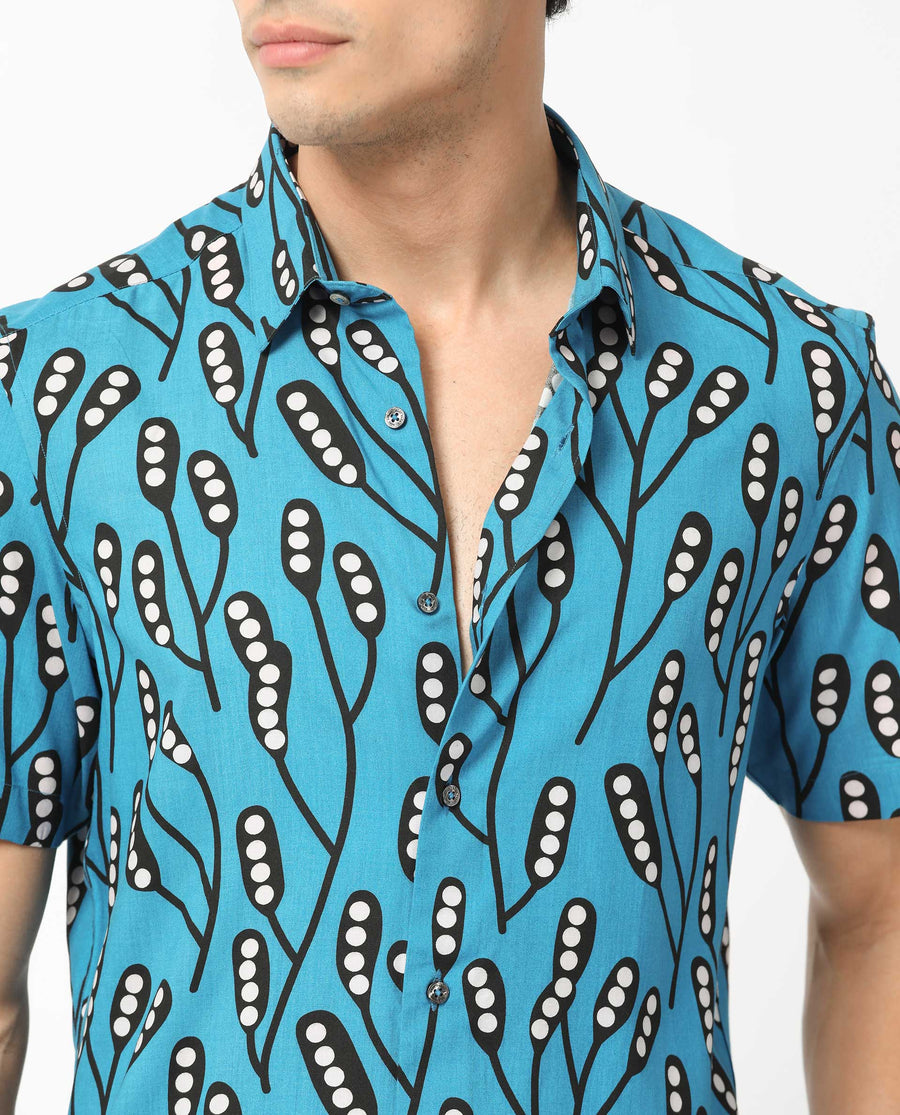 Rare Rabbit Men's Baton Blue Viscose Tropical Print Regular Fit Half Sleeve Collared Shirt
