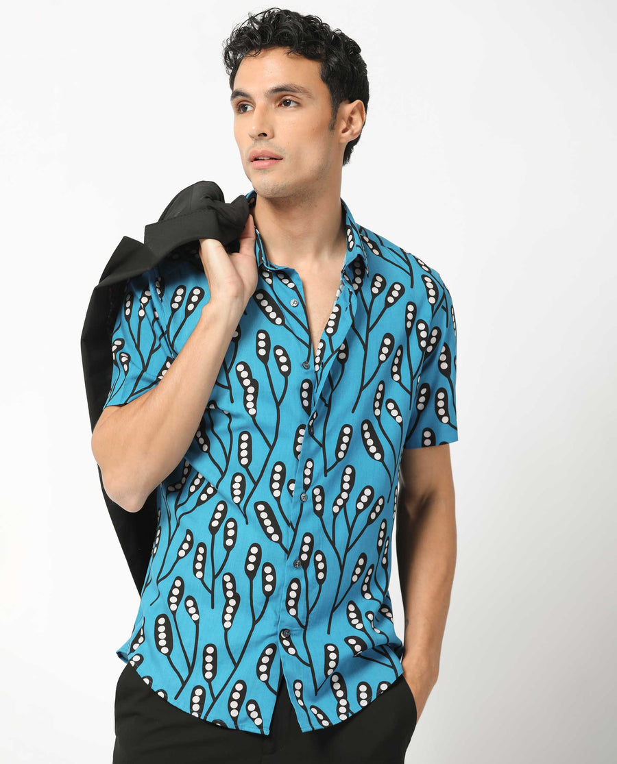 Rare Rabbit Men's Baton Blue Viscose Tropical Print Regular Fit Half Sleeve Collared Shirt