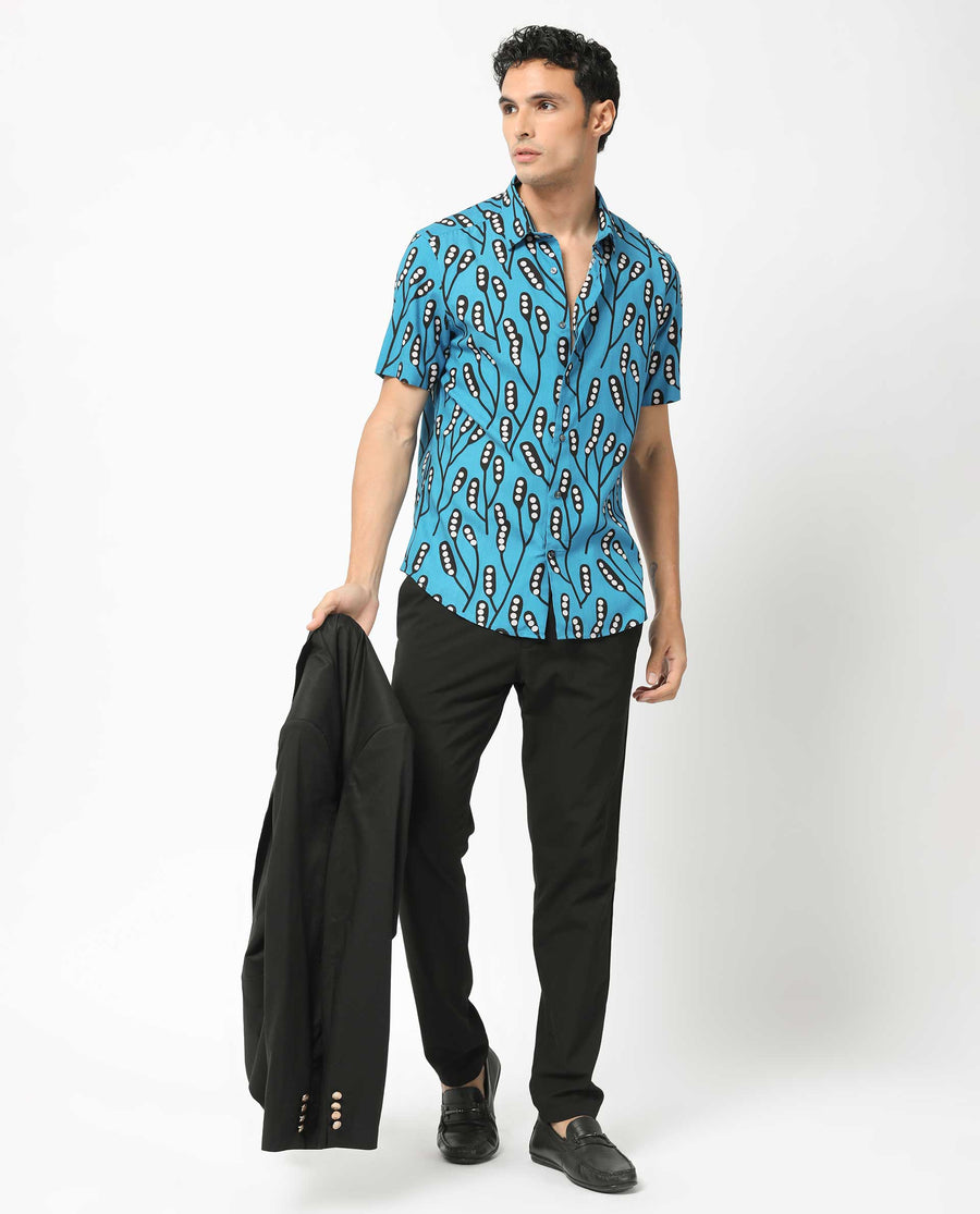 Rare Rabbit Men's Baton Blue Viscose Tropical Print Regular Fit Half Sleeve Collared Shirt