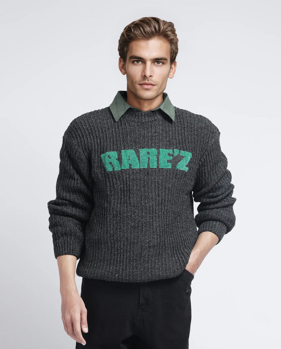 Rare Rabbit Men's Batten Dark Grey Cotton Brand Logo Print Regular Fit Full Sleeve Crew Neck Sweater