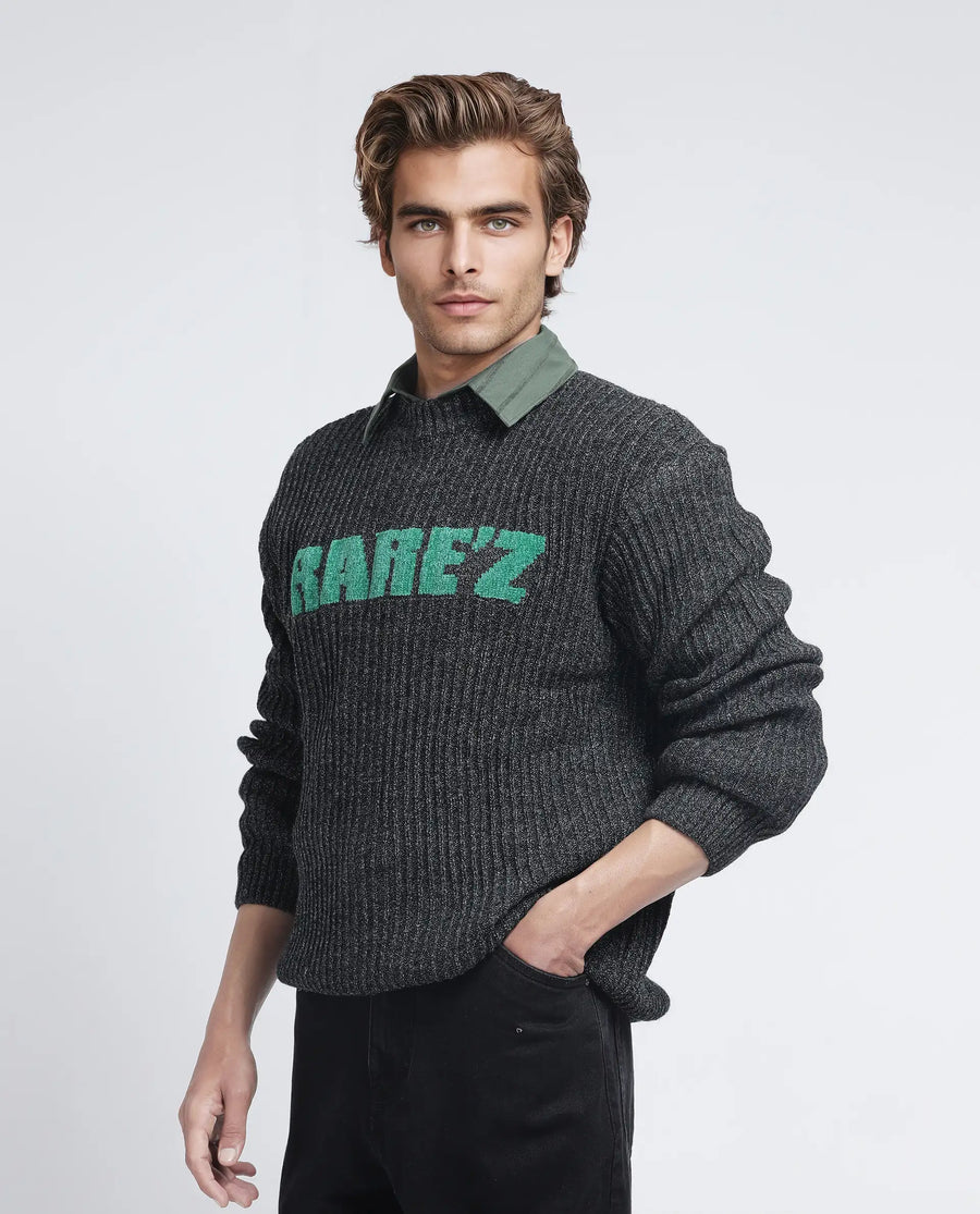 Rare Rabbit Men's Batten Dark Grey Cotton Brand Logo Print Regular Fit Full Sleeve Crew Neck Sweater