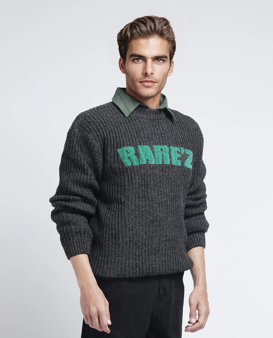 Rare Rabbit Men's Batten Dark Grey Cotton Brand Logo Print Regular Fit Full Sleeve Crew Neck Sweater